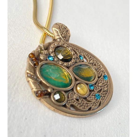 Express Pendant Necklace Gold Tone Multicolor Stone Opera Chain - Picture 5 of 11